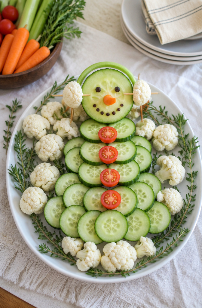 Christmas Veggie Platter Designs for Your Holiday Table 11 Snowman made from stacked cucumber rounds and baby carrots.