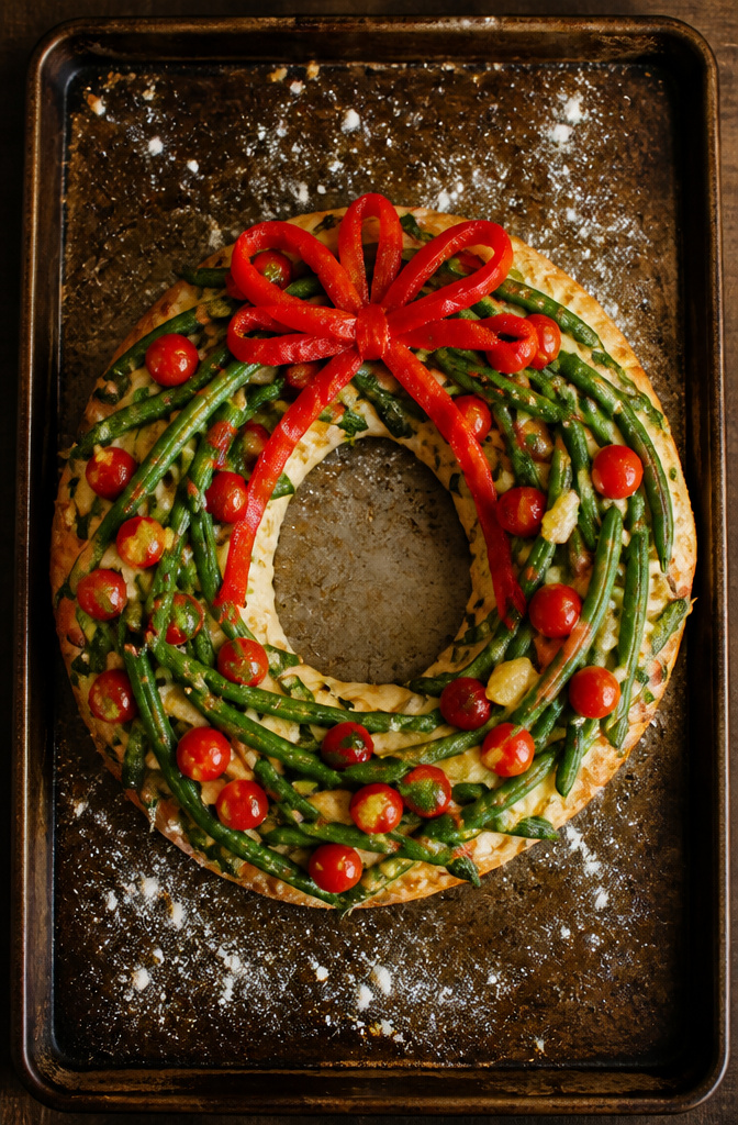 Christmas Veggie Platter Designs for Your Holiday Table 9 Pizza crust shaped as a wreath topped with vegetables.