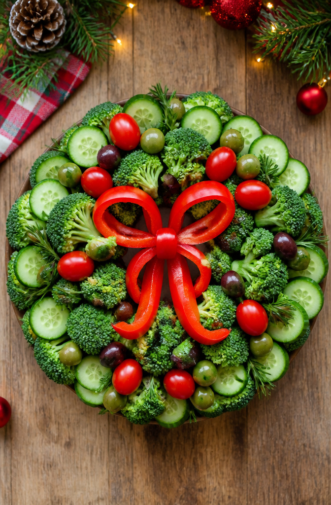 Christmas Veggie Platter Designs for Your Holiday Table 3 A circular veggie tray featuring green vegetables and red bell pepper.