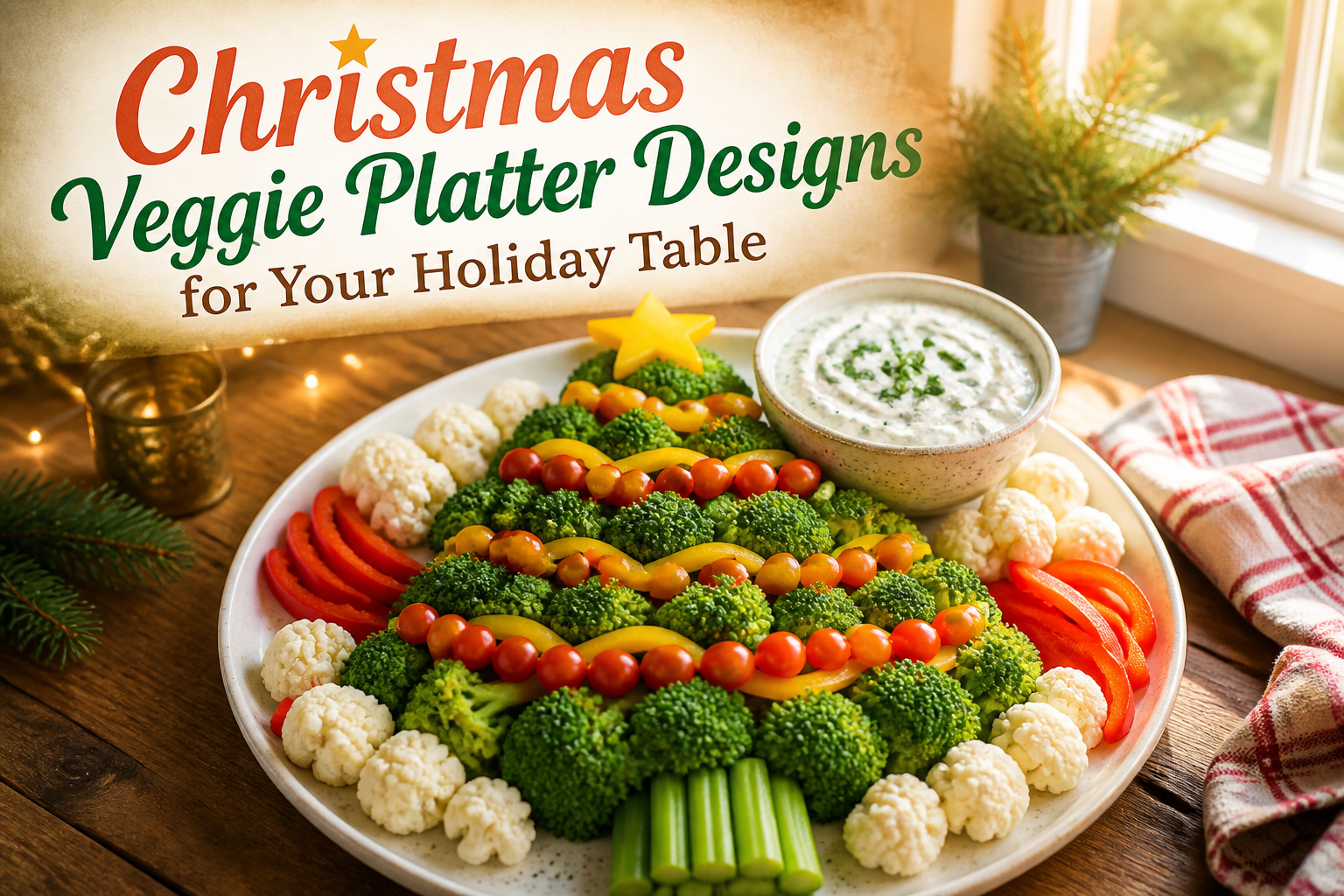 Various vegetable platters arranged in festive holiday designs.