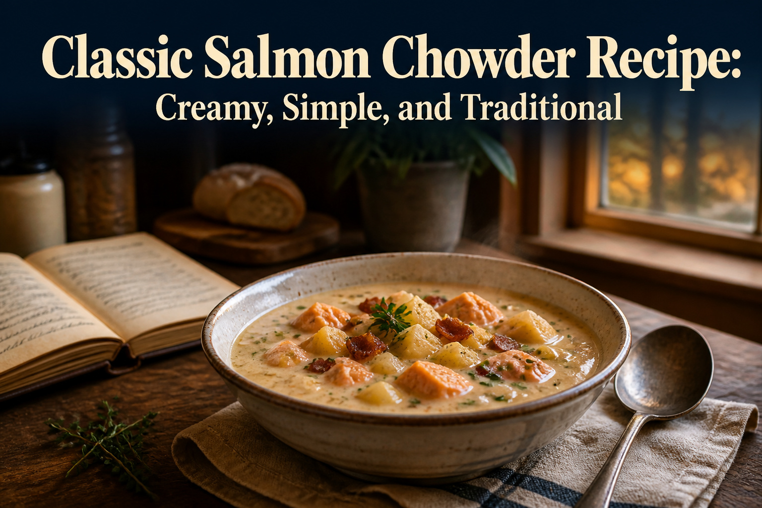 Bowl of salmon chowder topped with herbs and served with a spoon.