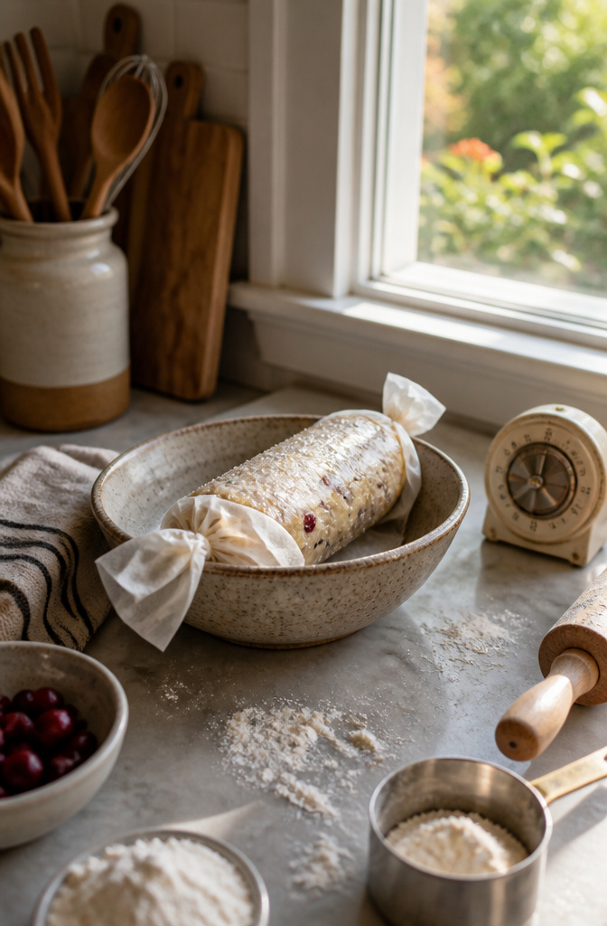 Cranberry Orange Cookies with Soft, Chewy Centers 6 A dough log wrapped in parchment resting on a counter before baking.