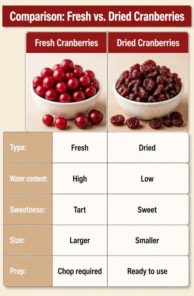 Cranberry Orange Cookies with Soft, Chewy Centers 9 A side-by-side comparison of fresh and dried cranberries for baking.