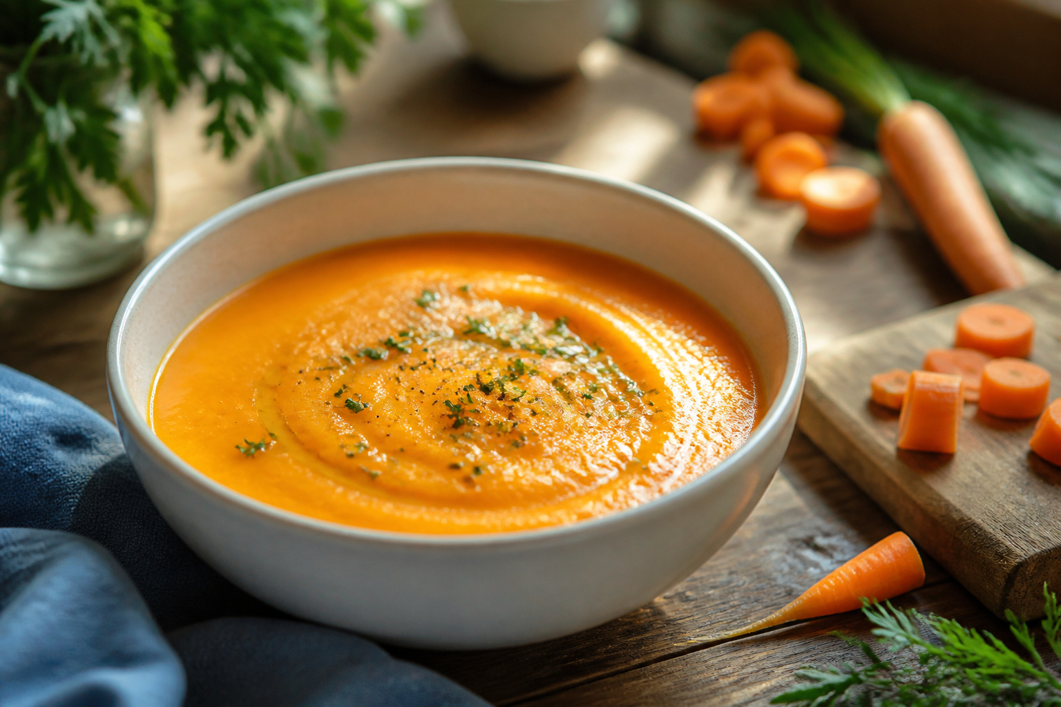 Bowl of creamy carrot soup with herbs and a rustic loaf of bread.