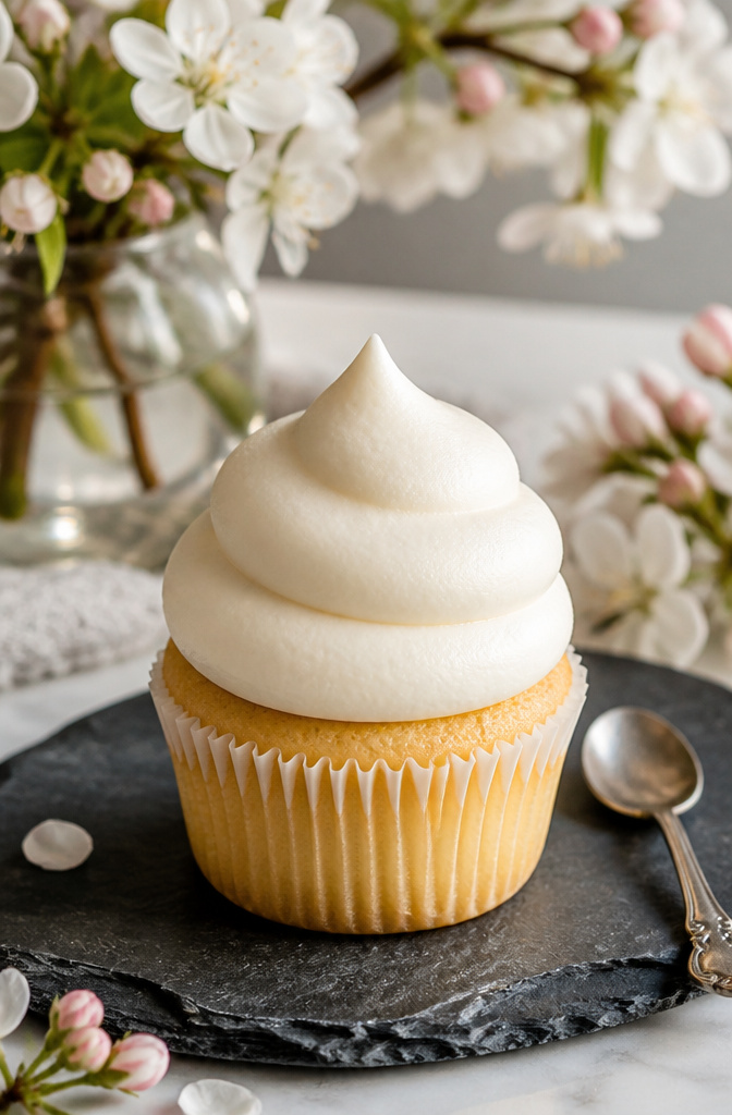 A cupcake topped with a large, fluffy swirl of frosting using the Ateco 808 tip.