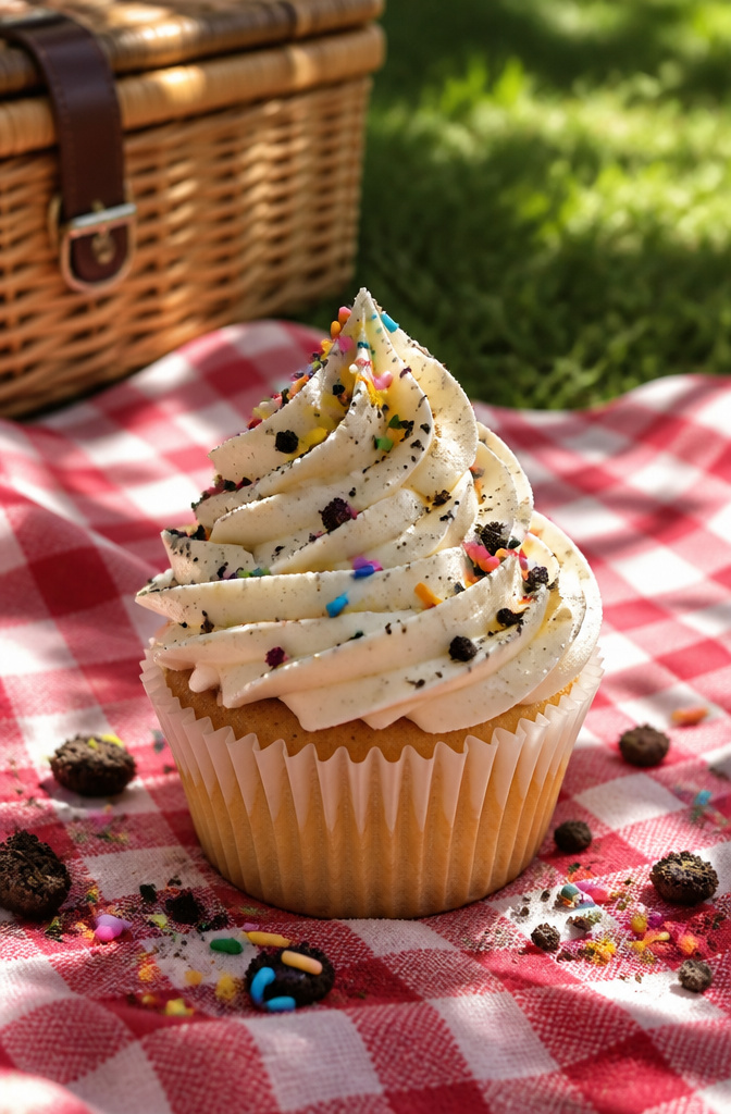 A cupcake with a chunky frosting swirl made using the Ateco 826 open star tip.