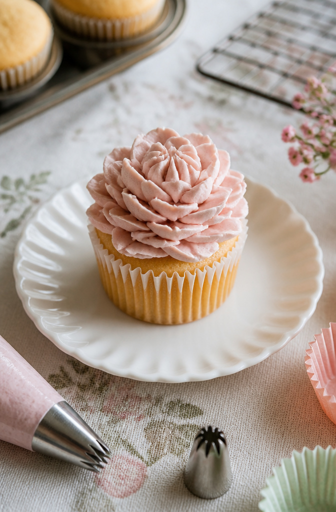 A cupcake decorated with lush frosting using the Ateco 849 wide closed star tip.