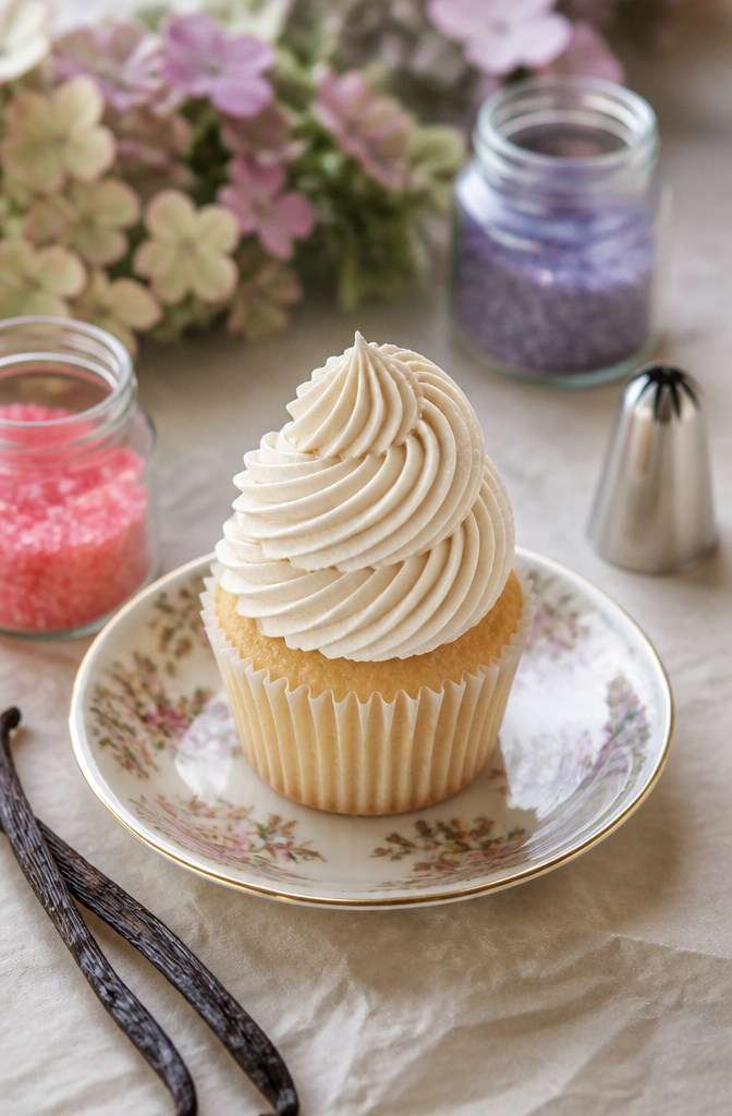 A cupcake decorated with a sophisticated swirl using the Ateco 869 French star tip.