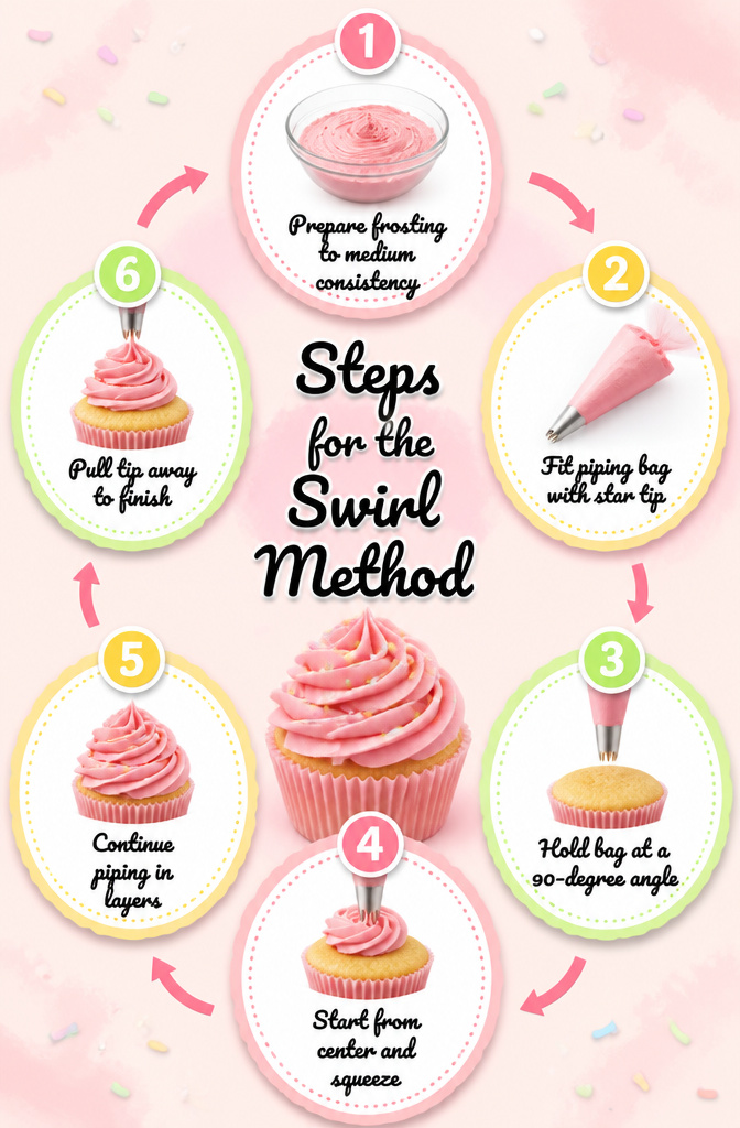 An illustration detailing the swirl piping method for cupcakes.