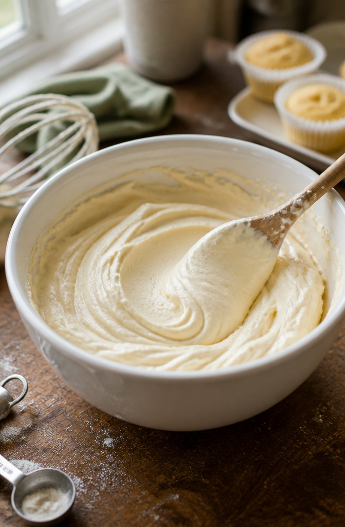 A bowl filled with medium consistency buttercream frosting reflecting kitchen light.