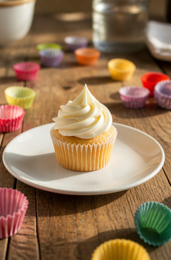 A cupcake with a smooth mound of frosting piped using the Wilton 12 small round tip.
