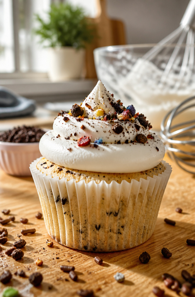 A cupcake topped with a plain circle of frosting using the Wilton 1A round tip.