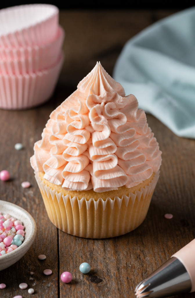 A cupcake with ruffled frosting created using the Wilton 2D closed star tip.