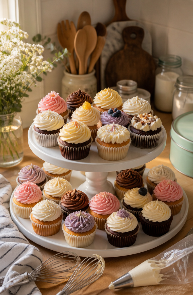 A beautifully arranged display of 24 cupcakes with assorted frosting designs.