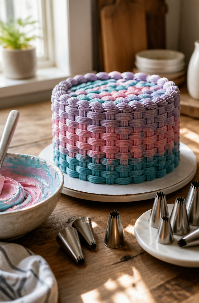 15 Different Piping Tips for Cakes, Cupcakes & Frosting 15 Cake with a basketweave pattern piped in colorful frosting.