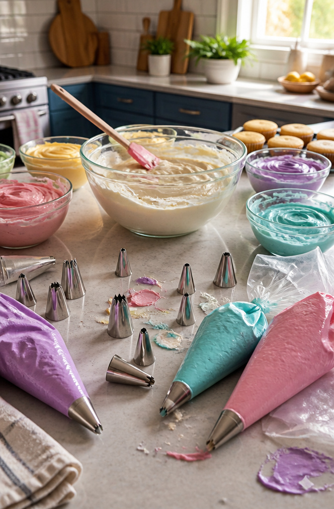 15 Different Piping Tips for Cakes, Cupcakes & Frosting 18 Bowls of colorful buttercream arranged on a kitchen countertop.