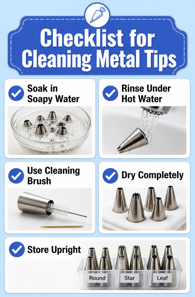 15 Different Piping Tips for Cakes, Cupcakes & Frosting 19 Checklist for cleaning metal piping tips displayed on a surface.