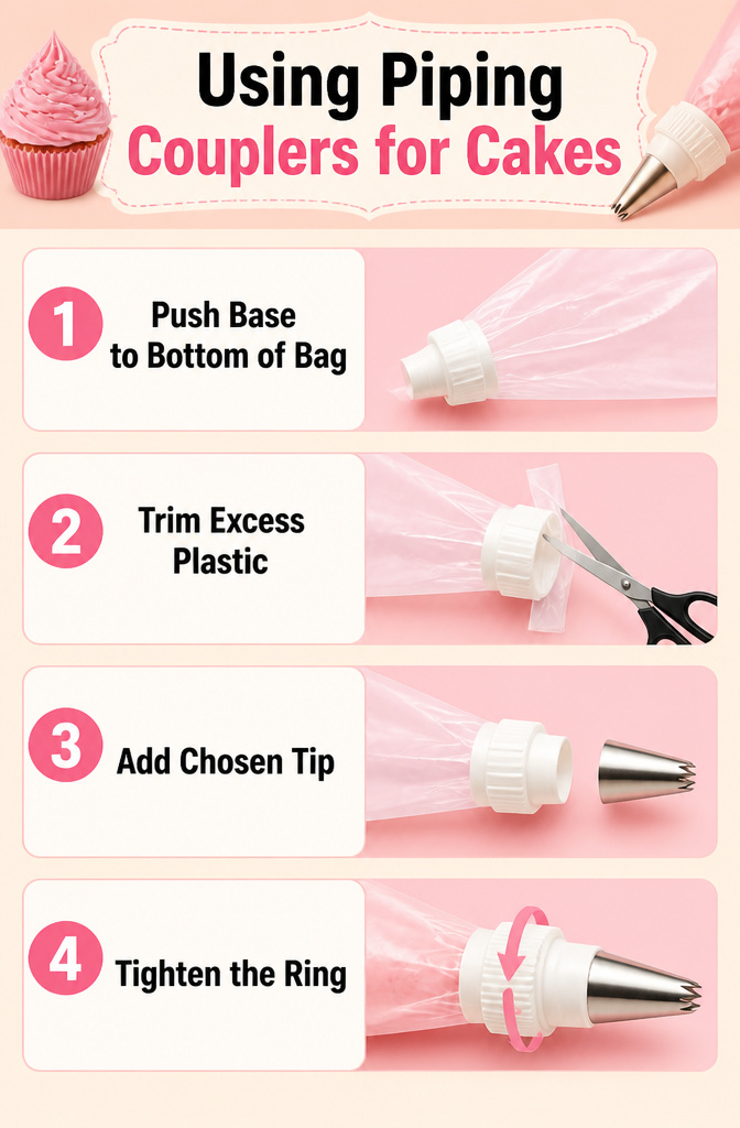 15 Different Piping Tips for Cakes, Cupcakes & Frosting 14 Piping coupler components laid out on a kitchen counter.