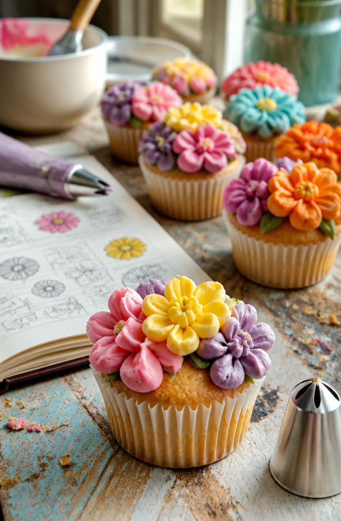 15 Different Piping Tips for Cakes, Cupcakes & Frosting 12 Cupcakes decorated with flowers piped using drop flower tips.