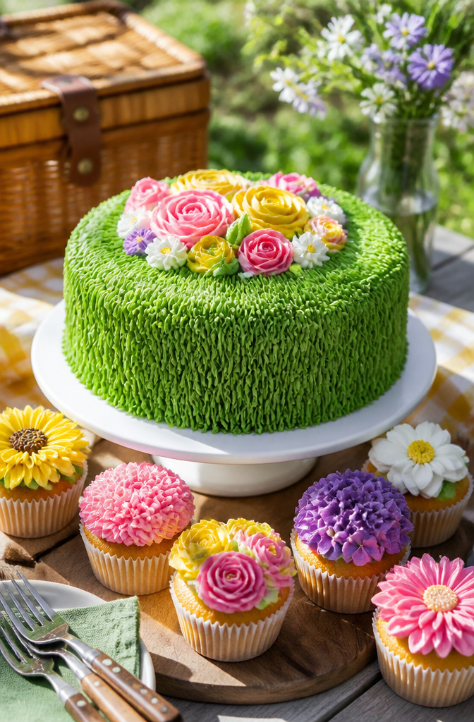 15 Different Piping Tips for Cakes, Cupcakes & Frosting 11 Cake decorated with grass-like frosting using a grass tip.