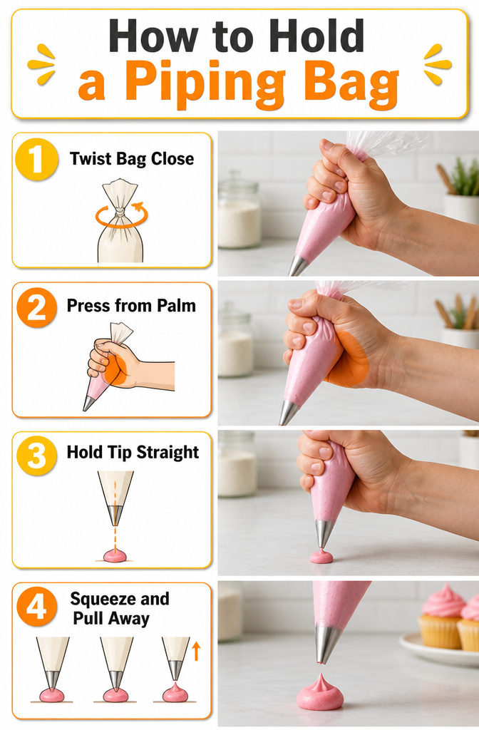 15 Different Piping Tips for Cakes, Cupcakes & Frosting 17 Illustration showing how to hold a piping bag correctly.