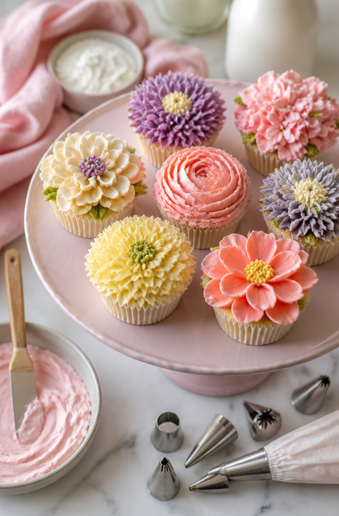 15 Different Piping Tips for Cakes, Cupcakes & Frosting 10 Cupcakes adorned with various flower shapes from petal tips.