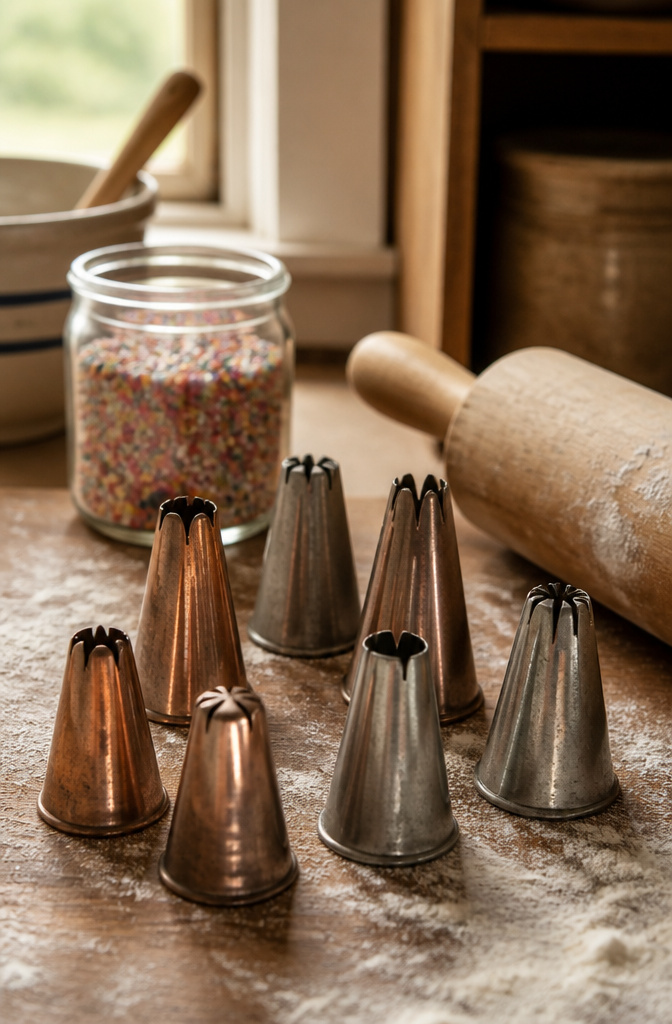 15 Different Piping Tips for Cakes, Cupcakes & Frosting 20 Close-up of vintage metal piping tips on a wooden table.