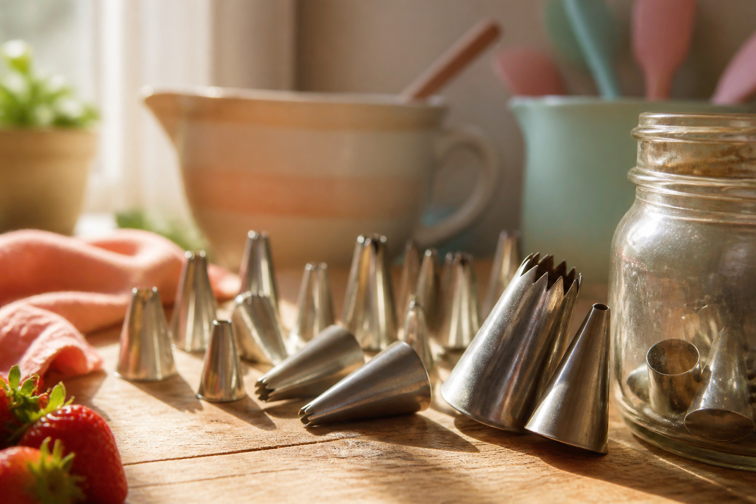 Various piping tips displayed together on a neutral background.