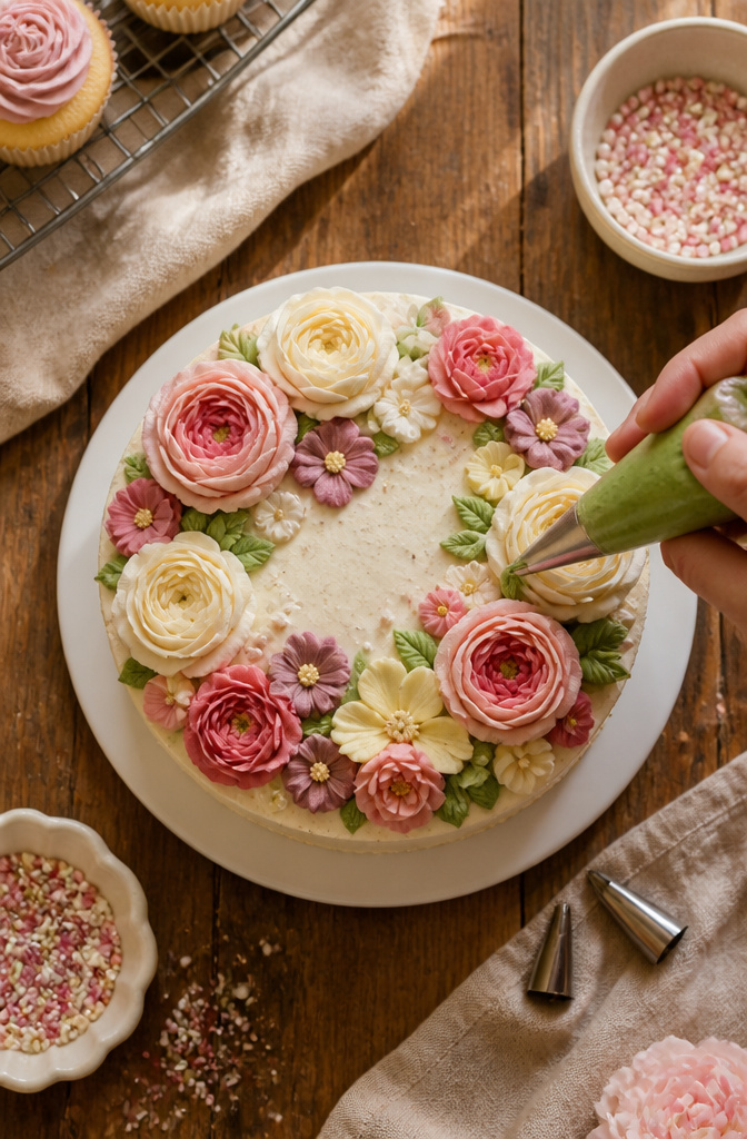 Easy Flower Cake Decorating with Buttercream 6 Green buttercream leaves being piped around flowers on a cake.