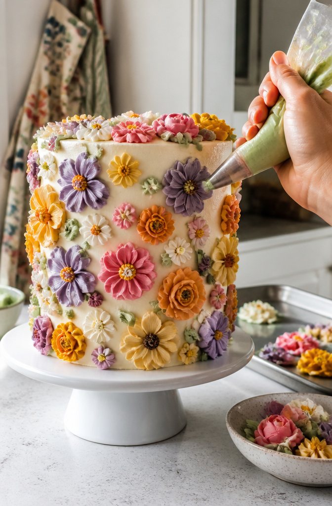 Easy Flower Cake Decorating with Buttercream 5 A frozen buttercream flower being placed on a cake.
