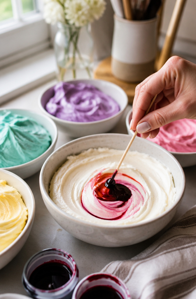 Easy Flower Cake Decorating with Buttercream 10 Close-up of gel food coloring being mixed into buttercream.