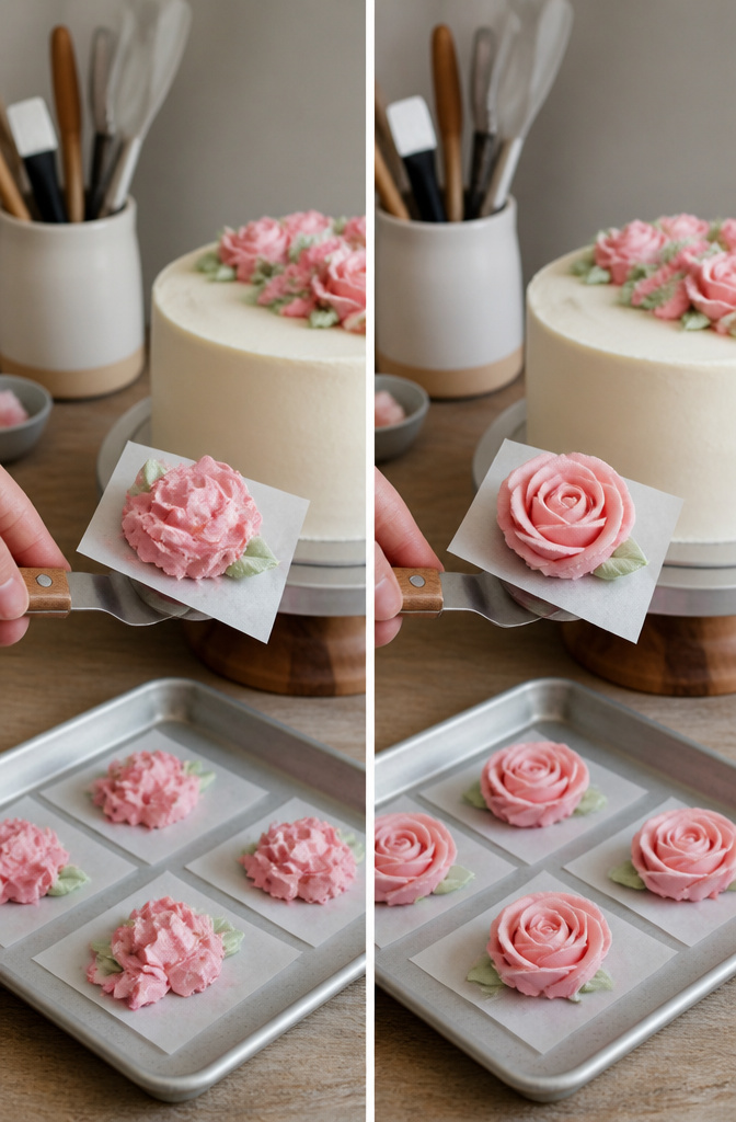 Easy Flower Cake Decorating with Buttercream 9 Buttercream flowers frozen on parchment ready for decorating.
