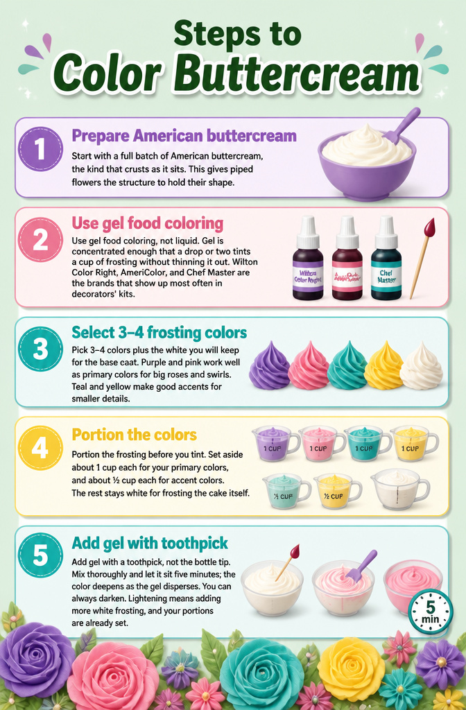 Easy Flower Cake Decorating with Buttercream 3 Bowls of buttercream being mixed with gel food coloring.