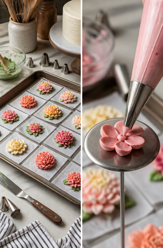 Easy Flower Cake Decorating with Buttercream 4 Piping bag with buttercream flowers being created on parchment.