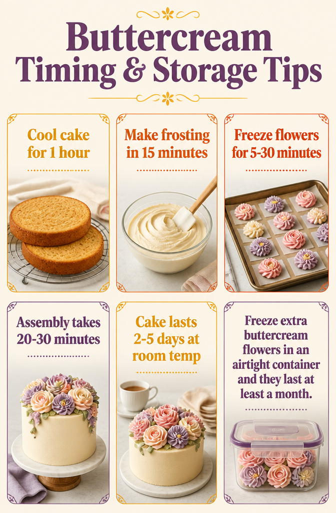 Easy Flower Cake Decorating with Buttercream 11 Timing and storage information for buttercream flower cakes.