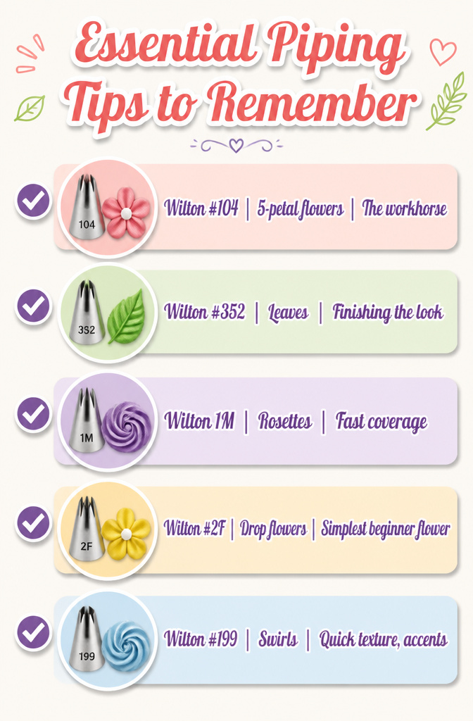 Easy Flower Cake Decorating with Buttercream 8 Chart of piping tips with their corresponding designs for cakes.