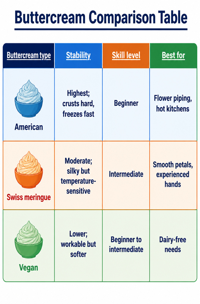 Easy Flower Cake Decorating with Buttercream 7 Comparison table of different buttercream types for cake decorating.