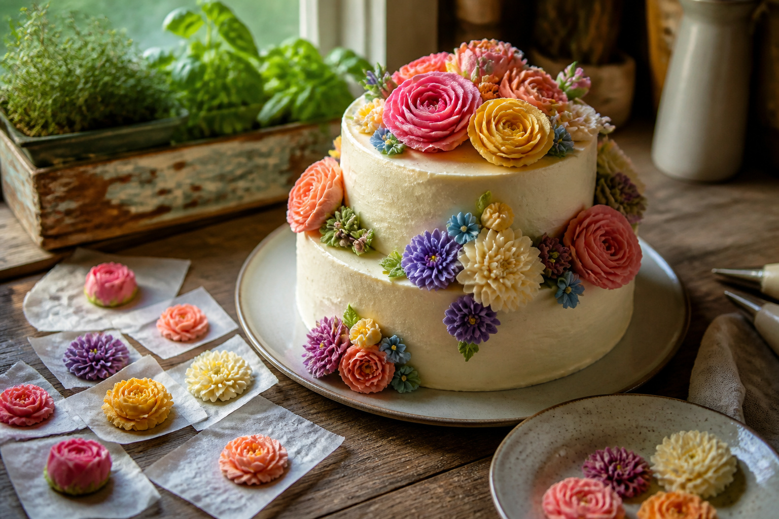 A display of cake decorating supplies including piping bags and tips.