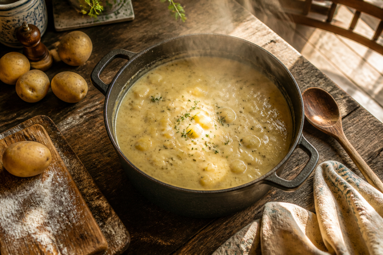 A pot of creamy potato soup with a wooden spoon on a wooden table.