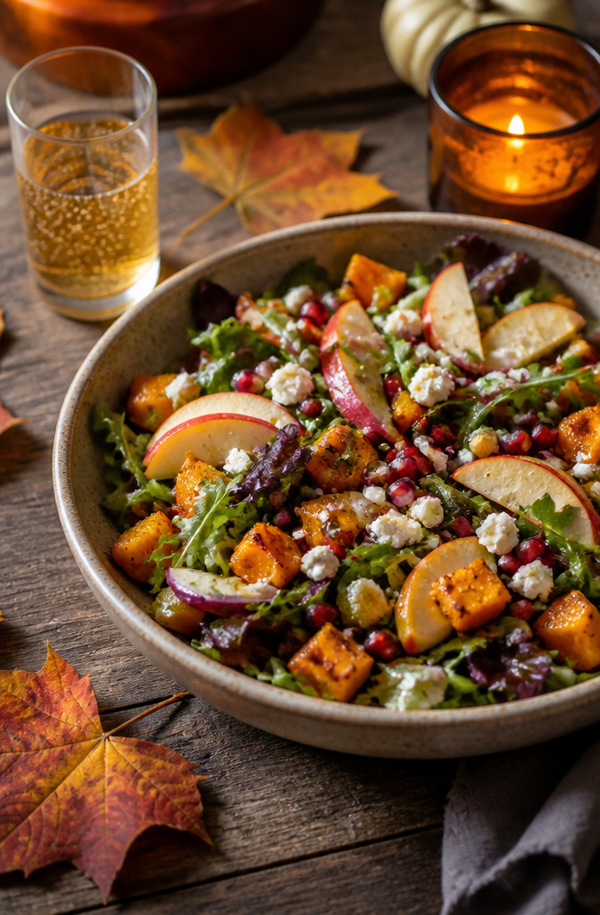 Salad with butternut squash, Honeycrisp apples, and feta cheese.