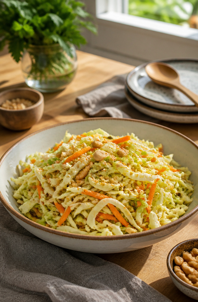 Salad featuring shredded cabbage, carrots, and roasted peanuts.