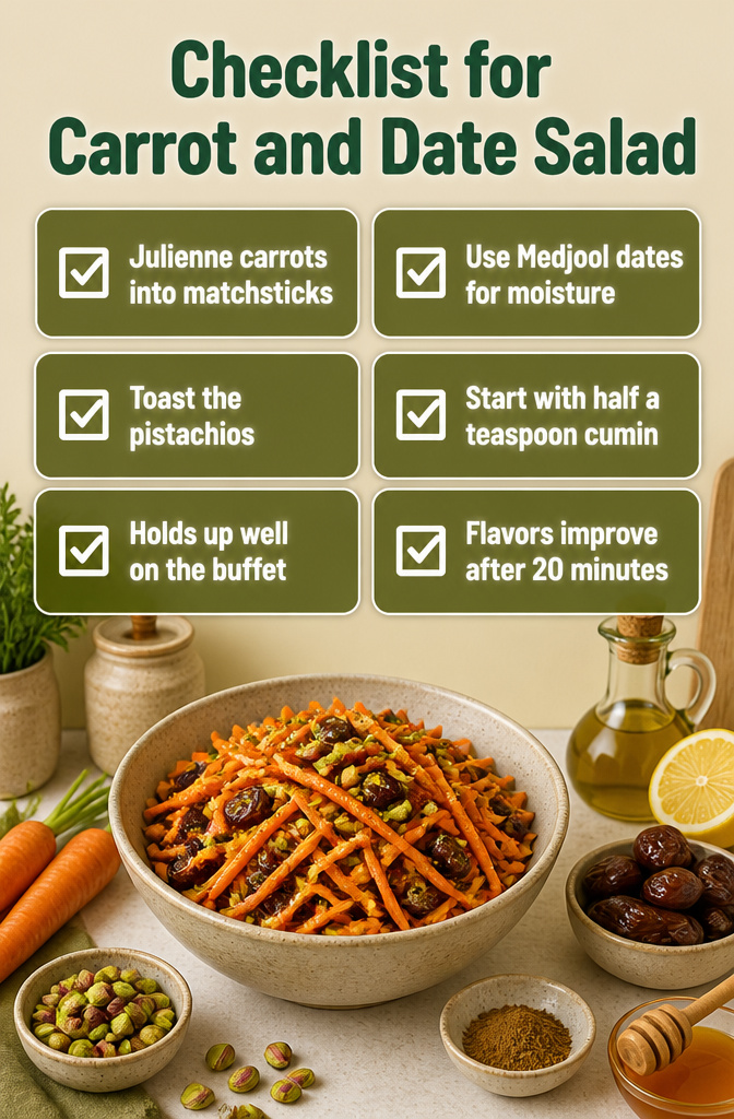 Salad with julienned carrots, Medjool dates, and pistachios.