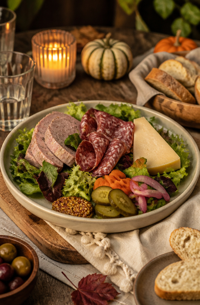 Salad with cured meats, cheese, and pickled vegetables.