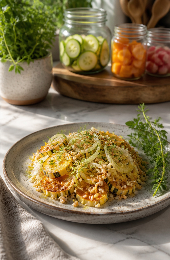 Salad with baked rice, roasted squash, and fennel.