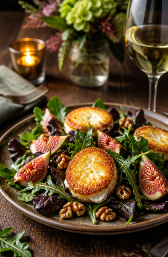 Salad with fried goat cheese, fresh figs, and walnuts.