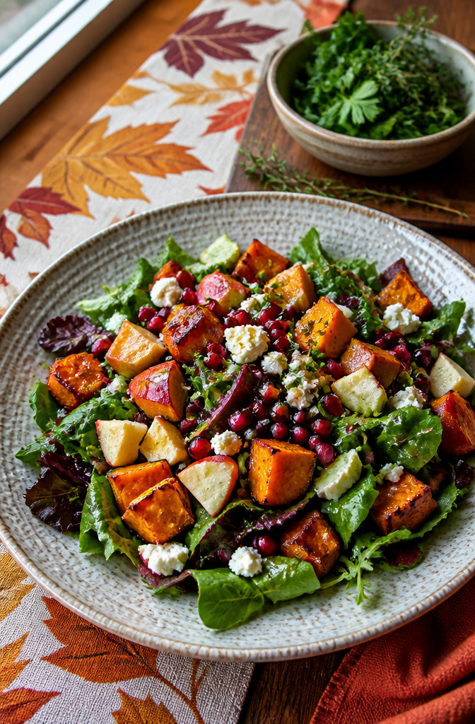 Harvest salad featuring mixed greens, roasted sweet potatoes, and pomegranate.