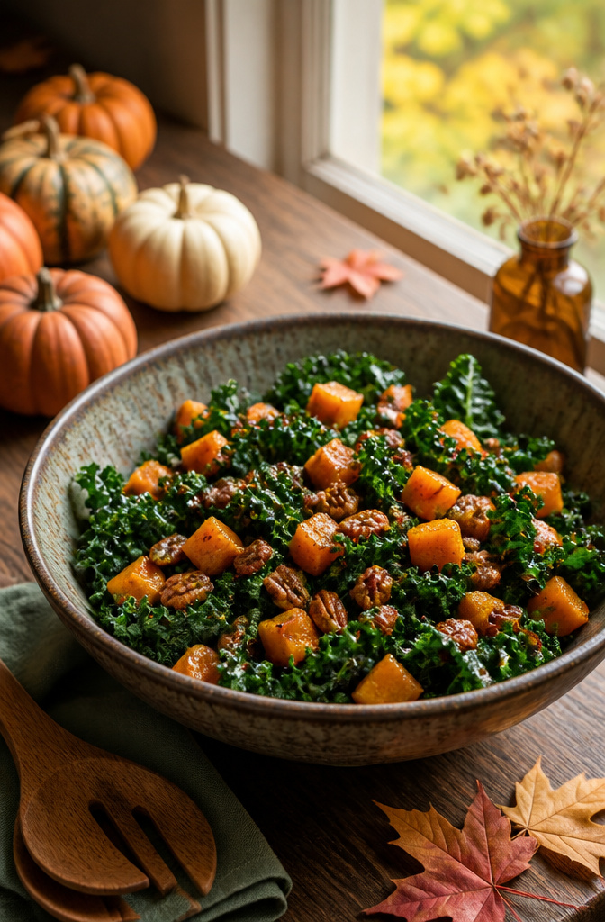Salad with lacinato kale, roasted butternut squash, and pecans.