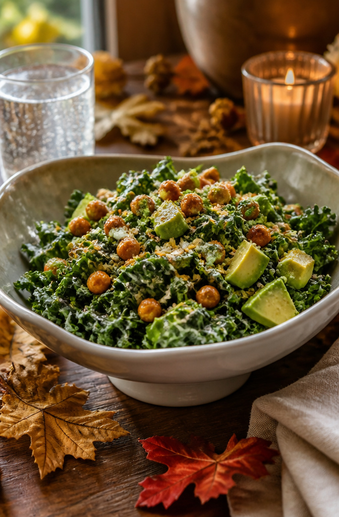 Kale Caesar salad topped with roasted chickpeas and avocado.