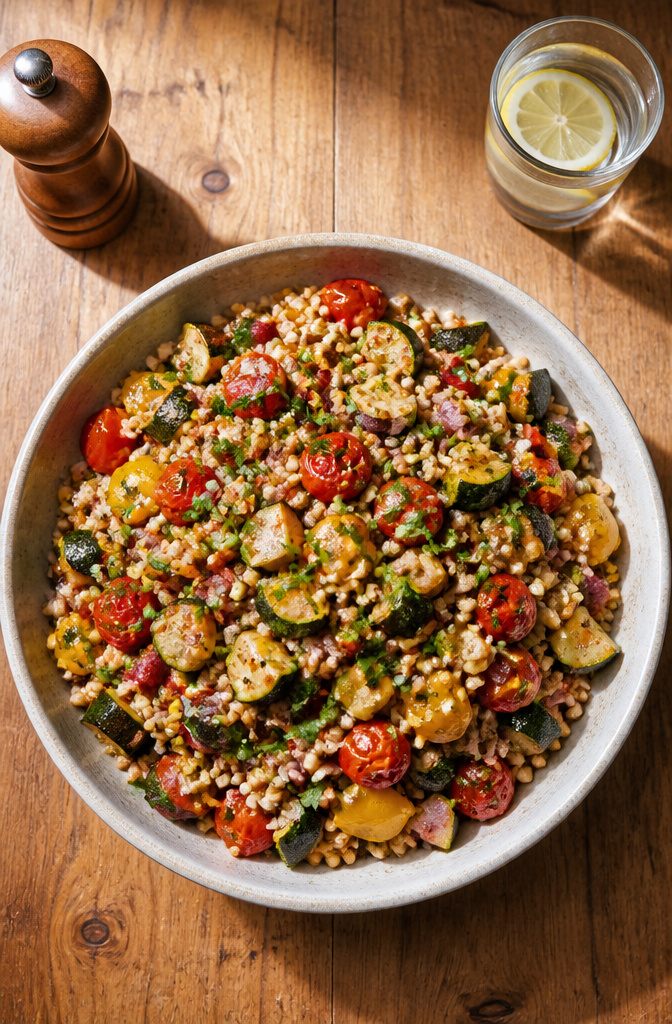 Farro salad featuring various vegetables and lemon dressing.