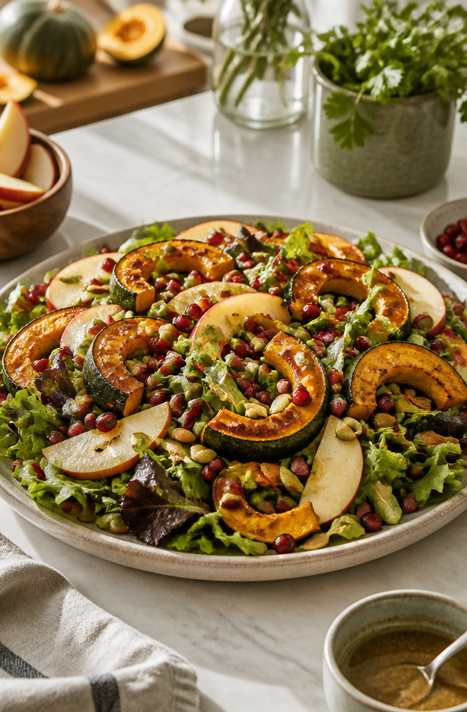 Salad featuring roasted squash, pomegranate arils, and greens.